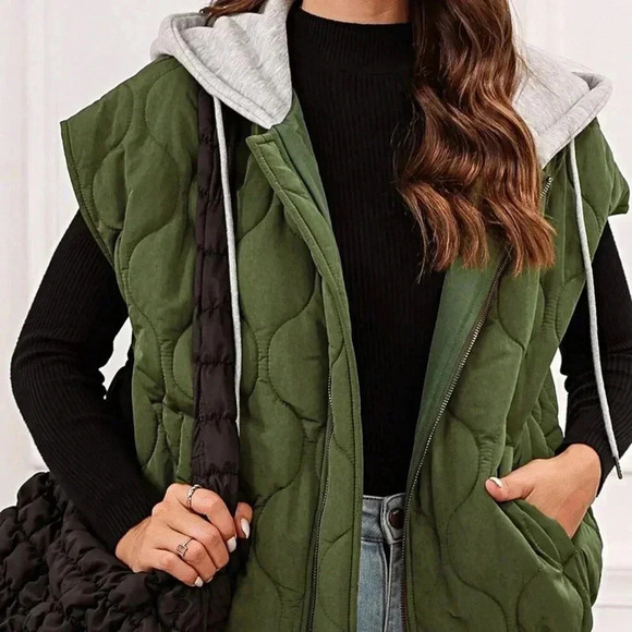 Olive Green Boho Women's Quilted Cozy Free Style Drawstring Hooded Puffer Vest - Picture 2 of 4
